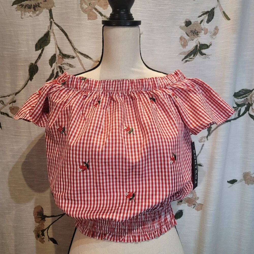 Kontrol Red & White Gingham Off Shoulder Blouse w/ Embroidery Rose Buds NWT Sm.
